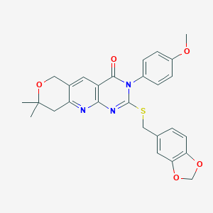 molecular formula C27H25N3O5S B431356 2-[(1,3-benzodioxol-5-ylmethyl)sulfanyl]-3-(4-methoxyphenyl)-8,8-dimethyl-3,6,8,9-tetrahydro-4H-pyrano[3',4':5,6]pyrido[2,3-d]pyrimidin-4-one 
