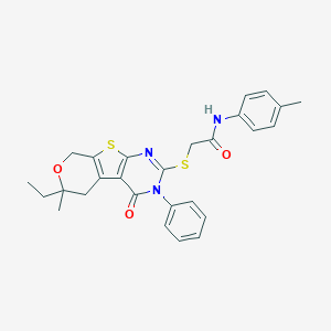 2-[(6-ethyl-6-methyl-4-oxo-3-phenyl-3,5,6,8-tetrahydro-4H-pyrano[4',3':4,5]thieno[2,3-d]pyrimidin-2-yl)sulfanyl]-N-(4-methylphenyl)acetamide