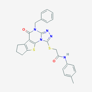 molecular formula C26H23N5O2S2 B431360 2-[(4-benzyl-5-oxo-4,5,7,8-tetrahydro-6H-cyclopenta[4,5]thieno[3,2-e][1,2,4]triazolo[4,3-a]pyrimidin-1-yl)sulfanyl]-N-(4-methylphenyl)acetamide 