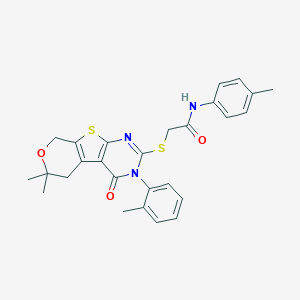 molecular formula C27H27N3O3S2 B431361 2-{[6,6-dimethyl-3-(2-methylphenyl)-4-oxo-3,5,6,8-tetrahydro-4H-pyrano[4',3':4,5]thieno[2,3-d]pyrimidin-2-yl]sulfanyl}-N-(4-methylphenyl)acetamide 