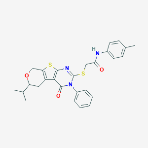 molecular formula C27H27N3O3S2 B431362 N-(4-methylphenyl)-2-{[4-oxo-3-phenyl-6-(propan-2-yl)-3,5,6,8-tetrahydro-4H-pyrano[4',3':4,5]thieno[2,3-d]pyrimidin-2-yl]sulfanyl}acetamide 