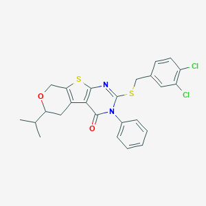 molecular formula C25H22Cl2N2O2S2 B431363 2-[(3,4-dichlorobenzyl)sulfanyl]-6-isopropyl-3-phenyl-3,5,6,8-tetrahydro-4H-pyrano[4',3':4,5]thieno[2,3-d]pyrimidin-4-one 