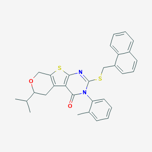 molecular formula C30H28N2O2S2 B431364 3-(2-methylphenyl)-2-[(naphthalen-1-ylmethyl)sulfanyl]-6-(propan-2-yl)-3,5,6,8-tetrahydro-4H-pyrano[4',3':4,5]thieno[2,3-d]pyrimidin-4-one 