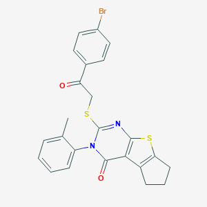 molecular formula C24H19BrN2O2S2 B431365 2-{[2-(4-bromophenyl)-2-oxoethyl]sulfanyl}-3-(2-methylphenyl)-3,5,6,7-tetrahydro-4H-cyclopenta[4,5]thieno[2,3-d]pyrimidin-4-one 