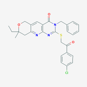 molecular formula C28H26ClN3O3S B431367 3-benzyl-2-{[2-(4-chlorophenyl)-2-oxoethyl]sulfanyl}-8-ethyl-8-methyl-3,6,8,9-tetrahydro-4H-pyrano[3',4':5,6]pyrido[2,3-d]pyrimidin-4-one 