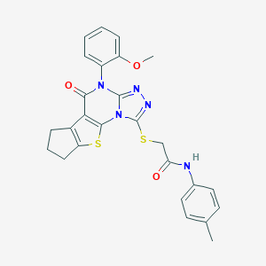 molecular formula C26H23N5O3S2 B431368 2-{[4-(2-methoxyphenyl)-5-oxo-4,5,7,8-tetrahydro-6H-cyclopenta[4,5]thieno[3,2-e][1,2,4]triazolo[4,3-a]pyrimidin-1-yl]sulfanyl}-N-(4-methylphenyl)acetamide 