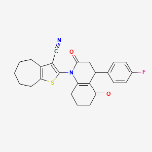 molecular formula C25H23FN2O2S B4313692 2-[4-(4-FLUOROPHENYL)-2,5-DIOXO-1,2,3,4,5,6,7,8-OCTAHYDROQUINOLIN-1-YL]-4H,5H,6H,7H,8H-CYCLOHEPTA[B]THIOPHENE-3-CARBONITRILE 