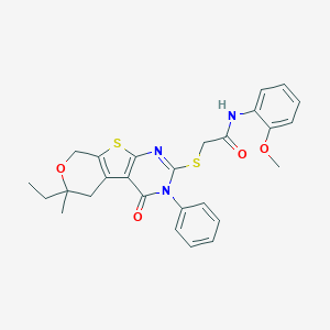 molecular formula C27H27N3O4S2 B431370 2-[(6-ethyl-6-methyl-4-oxo-3-phenyl-3,5,6,8-tetrahydro-4H-pyrano[4',3':4,5]thieno[2,3-d]pyrimidin-2-yl)sulfanyl]-N-(2-methoxyphenyl)acetamide 