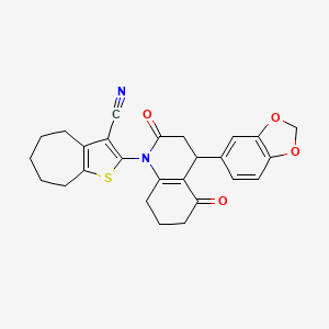 molecular formula C26H24N2O4S B4313701 2-[4-(2H-1,3-BENZODIOXOL-5-YL)-2,5-DIOXO-1,2,3,4,5,6,7,8-OCTAHYDROQUINOLIN-1-YL]-4H,5H,6H,7H,8H-CYCLOHEPTA[B]THIOPHENE-3-CARBONITRILE 