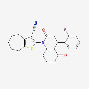 molecular formula C25H23FN2O2S B4313709 2-[4-(2-FLUOROPHENYL)-2,5-DIOXO-1,2,3,4,5,6,7,8-OCTAHYDROQUINOLIN-1-YL]-4H,5H,6H,7H,8H-CYCLOHEPTA[B]THIOPHENE-3-CARBONITRILE 