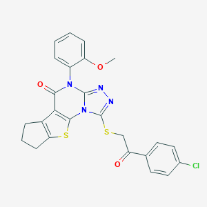 molecular formula C25H19ClN4O3S2 B431371 1-{[2-(4-chlorophenyl)-2-oxoethyl]sulfanyl}-4-(2-methoxyphenyl)-7,8-dihydro-6H-cyclopenta[4,5]thieno[3,2-e][1,2,4]triazolo[4,3-a]pyrimidin-5(4H)-one 