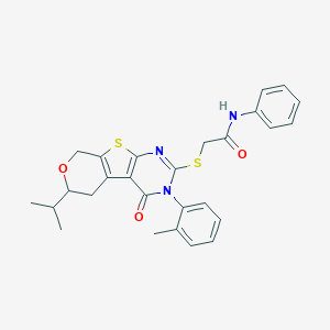 molecular formula C27H27N3O3S2 B431372 2-{[6-isopropyl-3-(2-methylphenyl)-4-oxo-3,5,6,8-tetrahydro-4H-pyrano[4',3':4,5]thieno[2,3-d]pyrimidin-2-yl]sulfanyl}-N-phenylacetamide 