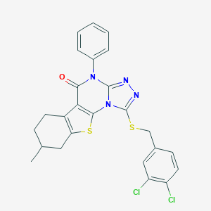 molecular formula C25H20Cl2N4OS2 B431373 1-[(3,4-dichlorobenzyl)sulfanyl]-8-methyl-4-phenyl-6,7,8,9-tetrahydro[1]benzothieno[3,2-e][1,2,4]triazolo[4,3-a]pyrimidin-5(4H)-one 