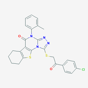 molecular formula C26H21ClN4O2S2 B431375 1-{[2-(4-chlorophenyl)-2-oxoethyl]sulfanyl}-4-(2-methylphenyl)-6,7,8,9-tetrahydro[1]benzothieno[3,2-e][1,2,4]triazolo[4,3-a]pyrimidin-5(4H)-one 