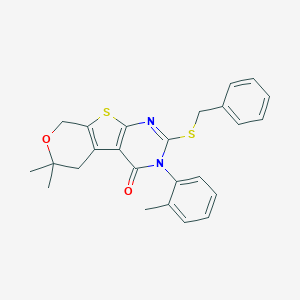 molecular formula C25H24N2O2S2 B431376 2-(benzylsulfanyl)-6,6-dimethyl-3-(2-methylphenyl)-3,5,6,8-tetrahydro-4H-pyrano[4',3':4,5]thieno[2,3-d]pyrimidin-4-one 