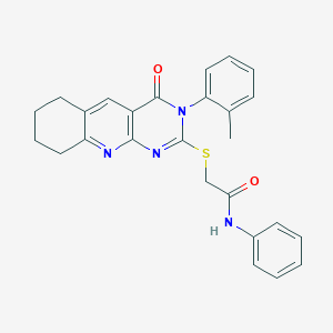 molecular formula C26H24N4O2S B431377 2-{[3-(2-methylphenyl)-4-oxo-3,4,6,7,8,9-hexahydropyrimido[4,5-b]quinolin-2-yl]sulfanyl}-N-phenylacetamide 