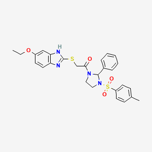 2-[(5-ETHOXY-1H-1,3-BENZIMIDAZOL-2-YL)SULFANYL]-1-{3-[(4-METHYLPHENYL)SULFONYL]-2-PHENYL-1-IMIDAZOLIDINYL}-1-ETHANONE