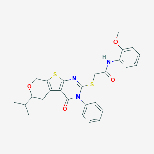 molecular formula C27H27N3O4S2 B431378 2-[(6-isopropyl-4-oxo-3-phenyl-3,5,6,8-tetrahydro-4H-pyrano[4',3':4,5]thieno[2,3-d]pyrimidin-2-yl)sulfanyl]-N-(2-methoxyphenyl)acetamide 