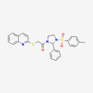 molecular formula C27H25N3O3S2 B4313786 1-{3-[(4-METHYLPHENYL)SULFONYL]-2-PHENYL-1-IMIDAZOLIDINYL}-2-(2-QUINOLYLSULFANYL)-1-ETHANONE 