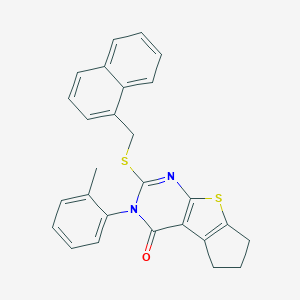 molecular formula C27H22N2OS2 B431379 3-(2-methylphenyl)-2-[(naphthalen-1-ylmethyl)sulfanyl]-3,5,6,7-tetrahydro-4H-cyclopenta[4,5]thieno[2,3-d]pyrimidin-4-one 