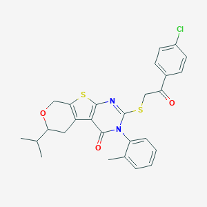 molecular formula C27H25ClN2O3S2 B431380 2-{[2-(4-chlorophenyl)-2-oxoethyl]sulfanyl}-6-isopropyl-3-(2-methylphenyl)-3,5,6,8-tetrahydro-4H-pyrano[4',3':4,5]thieno[2,3-d]pyrimidin-4-one 