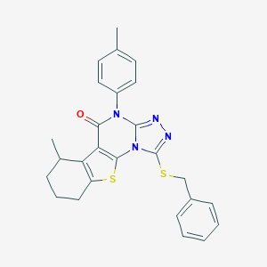 molecular formula C26H24N4OS2 B431382 1-(benzylsulfanyl)-6-methyl-4-(4-methylphenyl)-6,7,8,9-tetrahydro[1]benzothieno[3,2-e][1,2,4]triazolo[4,3-a]pyrimidin-5(4H)-one 