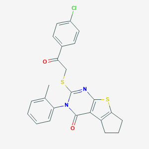 molecular formula C24H19ClN2O2S2 B431383 2-{[2-(4-chlorophenyl)-2-oxoethyl]sulfanyl}-3-(2-methylphenyl)-3,5,6,7-tetrahydro-4H-cyclopenta[4,5]thieno[2,3-d]pyrimidin-4-one 
