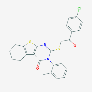 molecular formula C25H21ClN2O2S2 B431386 2-{[2-(4-chlorophenyl)-2-oxoethyl]sulfanyl}-3-(2-methylphenyl)-5,6,7,8-tetrahydro[1]benzothieno[2,3-d]pyrimidin-4(3H)-one 