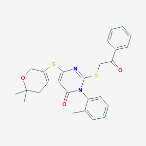 molecular formula C26H24N2O3S2 B431387 6,6-dimethyl-3-(2-methylphenyl)-2-[(2-oxo-2-phenylethyl)sulfanyl]-3,5,6,8-tetrahydro-4H-pyrano[4',3':4,5]thieno[2,3-d]pyrimidin-4-one 