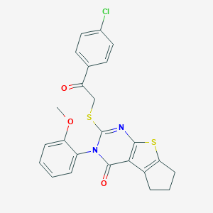 molecular formula C24H19ClN2O3S2 B431389 2-{[2-(4-chlorophenyl)-2-oxoethyl]sulfanyl}-3-(2-methoxyphenyl)-3,5,6,7-tetrahydro-4H-cyclopenta[4,5]thieno[2,3-d]pyrimidin-4-one 