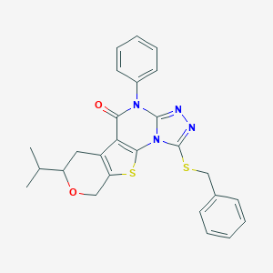 molecular formula C26H24N4O2S2 B431391 1-(benzylsulfanyl)-7-isopropyl-4-phenyl-6,9-dihydro-7H-pyrano[4',3':4,5]thieno[3,2-e][1,2,4]triazolo[4,3-a]pyrimidin-5(4H)-one 