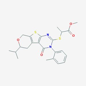 molecular formula C23H26N2O4S2 B431392 methyl 2-{[6-isopropyl-3-(2-methylphenyl)-4-oxo-3,5,6,8-tetrahydro-4H-pyrano[4',3':4,5]thieno[2,3-d]pyrimidin-2-yl]sulfanyl}propanoate 