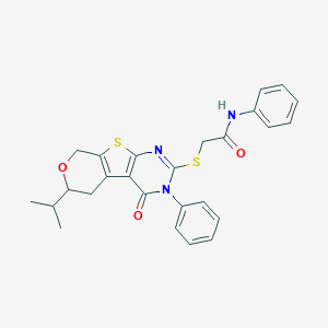 molecular formula C26H25N3O3S2 B431394 2-{[4-oxo-3-phenyl-6-(propan-2-yl)-3,5,6,8-tetrahydro-4H-pyrano[4',3':4,5]thieno[2,3-d]pyrimidin-2-yl]sulfanyl}-N-phenylacetamide 