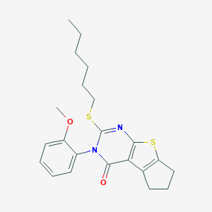 molecular formula C22H26N2O2S2 B431396 2-(hexylsulfanyl)-3-(2-methoxyphenyl)-3,5,6,7-tetrahydro-4H-cyclopenta[4,5]thieno[2,3-d]pyrimidin-4-one 