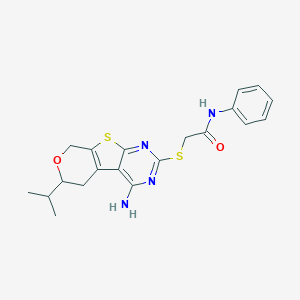 molecular formula C20H22N4O2S2 B431398 2-{[4-amino-6-(propan-2-yl)-5,8-dihydro-6H-pyrano[4',3':4,5]thieno[2,3-d]pyrimidin-2-yl]sulfanyl}-N-phenylacetamide 