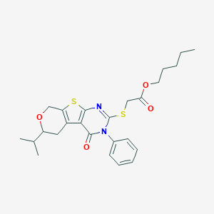 molecular formula C25H30N2O4S2 B431399 pentyl {[4-oxo-3-phenyl-6-(propan-2-yl)-3,5,6,8-tetrahydro-4H-pyrano[4',3':4,5]thieno[2,3-d]pyrimidin-2-yl]sulfanyl}acetate 