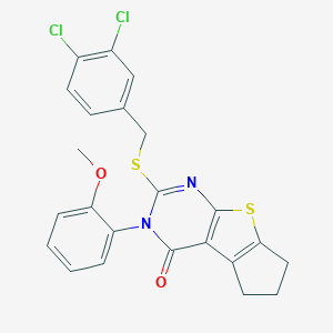 molecular formula C23H18Cl2N2O2S2 B431400 2-[(3,4-dichlorobenzyl)sulfanyl]-3-(2-methoxyphenyl)-3,5,6,7-tetrahydro-4H-cyclopenta[4,5]thieno[2,3-d]pyrimidin-4-one 