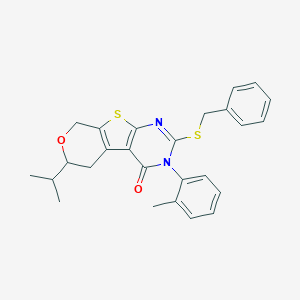 molecular formula C26H26N2O2S2 B431401 2-(benzylsulfanyl)-3-(2-methylphenyl)-6-(propan-2-yl)-3,5,6,8-tetrahydro-4H-pyrano[4',3':4,5]thieno[2,3-d]pyrimidin-4-one 