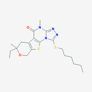 molecular formula C20H28N4O2S2 B431402 7-ethyl-1-(hexylsulfanyl)-4,7-dimethyl-6,9-dihydro-7H-pyrano[4',3':4,5]thieno[3,2-e][1,2,4]triazolo[4,3-a]pyrimidin-5(4H)-one 