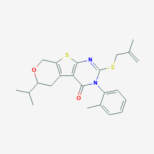 molecular formula C23H26N2O2S2 B431403 3-(2-methylphenyl)-2-[(2-methylprop-2-en-1-yl)sulfanyl]-6-(propan-2-yl)-3,5,6,8-tetrahydro-4H-pyrano[4',3':4,5]thieno[2,3-d]pyrimidin-4-one 