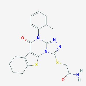 molecular formula C20H19N5O2S2 B431404 2-{[4-(2-Methylphenyl)-5-oxo-4,5,6,7,8,9-hexahydro[1]benzothieno[3,2-e][1,2,4]triazolo[4,3-a]pyrimidin-1-yl]sulfanyl}acetamide 