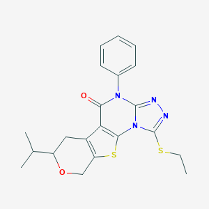 molecular formula C21H22N4O2S2 B431406 1-(ethylsulfanyl)-7-isopropyl-4-phenyl-6,9-dihydro-7H-pyrano[4',3':4,5]thieno[3,2-e][1,2,4]triazolo[4,3-a]pyrimidin-5(4H)-one 