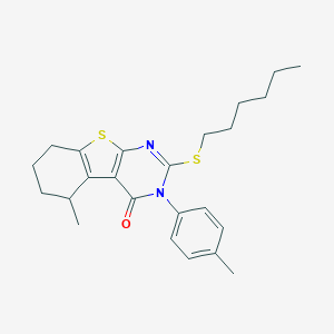 molecular formula C24H30N2OS2 B431407 2-(hexylsulfanyl)-5-methyl-3-(4-methylphenyl)-5,6,7,8-tetrahydro[1]benzothieno[2,3-d]pyrimidin-4(3H)-one 