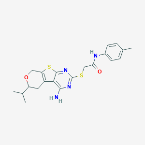 molecular formula C21H24N4O2S2 B431408 2-{[4-amino-6-(propan-2-yl)-5,8-dihydro-6H-pyrano[4',3':4,5]thieno[2,3-d]pyrimidin-2-yl]sulfanyl}-N-(4-methylphenyl)acetamide 