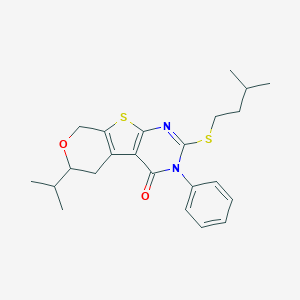 molecular formula C23H28N2O2S2 B431411 2-(isopentylsulfanyl)-6-isopropyl-3-phenyl-3,5,6,8-tetrahydro-4H-pyrano[4',3':4,5]thieno[2,3-d]pyrimidin-4-one 