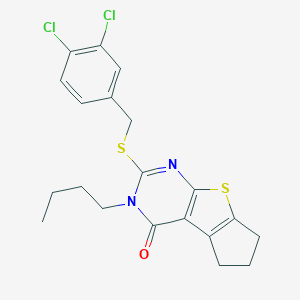 molecular formula C20H20Cl2N2OS2 B431414 3-butyl-2-[(3,4-dichlorobenzyl)sulfanyl]-3,5,6,7-tetrahydro-4H-cyclopenta[4,5]thieno[2,3-d]pyrimidin-4-one 
