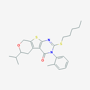 molecular formula C24H30N2O2S2 B431415 3-(2-methylphenyl)-2-(pentylsulfanyl)-6-(propan-2-yl)-3,5,6,8-tetrahydro-4H-pyrano[4',3':4,5]thieno[2,3-d]pyrimidin-4-one 