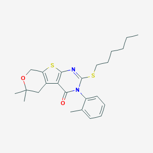 molecular formula C24H30N2O2S2 B431417 2-(hexylsulfanyl)-6,6-dimethyl-3-(2-methylphenyl)-3,5,6,8-tetrahydro-4H-pyrano[4',3':4,5]thieno[2,3-d]pyrimidin-4-one CAS No. 381717-75-5