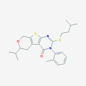 molecular formula C24H30N2O2S2 B431418 2-[(3-methylbutyl)sulfanyl]-3-(2-methylphenyl)-6-(propan-2-yl)-3,5,6,8-tetrahydro-4H-pyrano[4',3':4,5]thieno[2,3-d]pyrimidin-4-one 