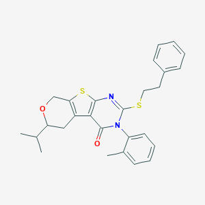molecular formula C27H28N2O2S2 B431424 3-(2-methylphenyl)-2-[(2-phenylethyl)sulfanyl]-6-(propan-2-yl)-3,5,6,8-tetrahydro-4H-pyrano[4',3':4,5]thieno[2,3-d]pyrimidin-4-one 
